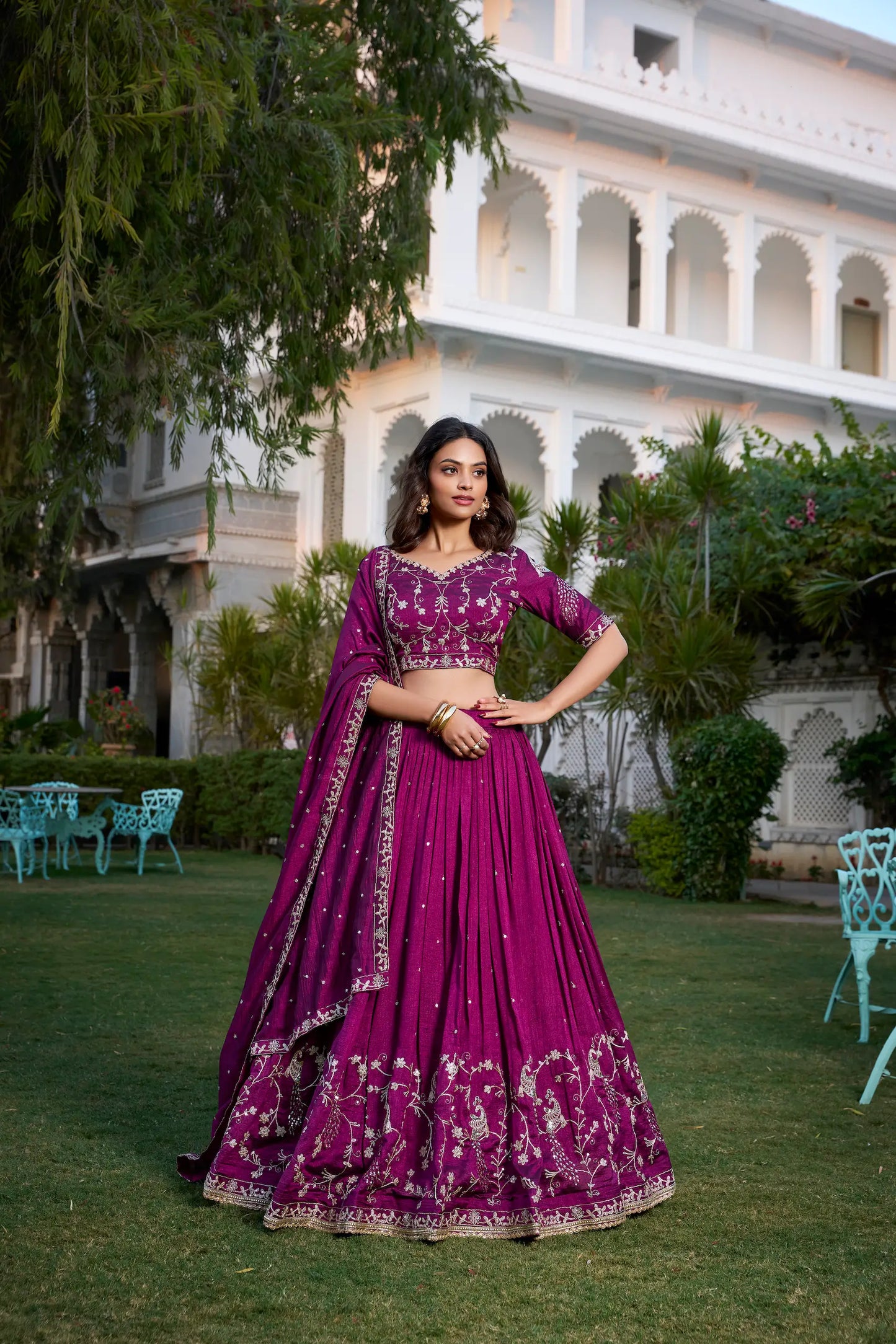 Wine Vichitra Silk Lehenga Choli Sequins and Thread Embroidery Work