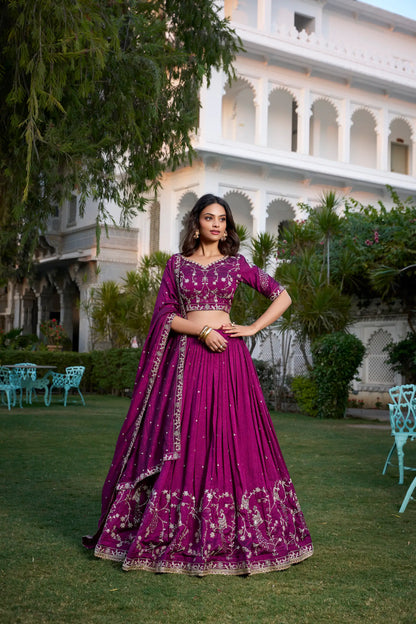 Wine Vichitra Silk Lehenga Choli Sequins and Thread Embroidery Work