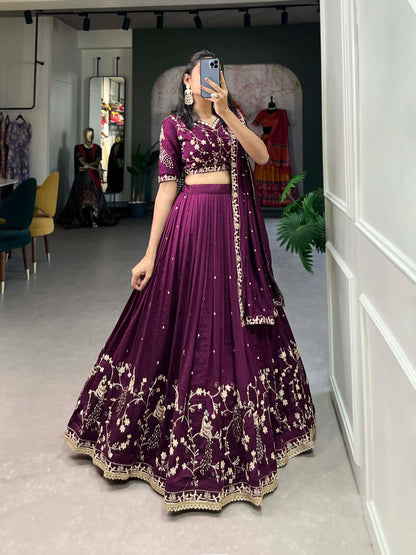 Wine Vichitra Silk Lehenga Choli Sequins and Thread Embroidery Work