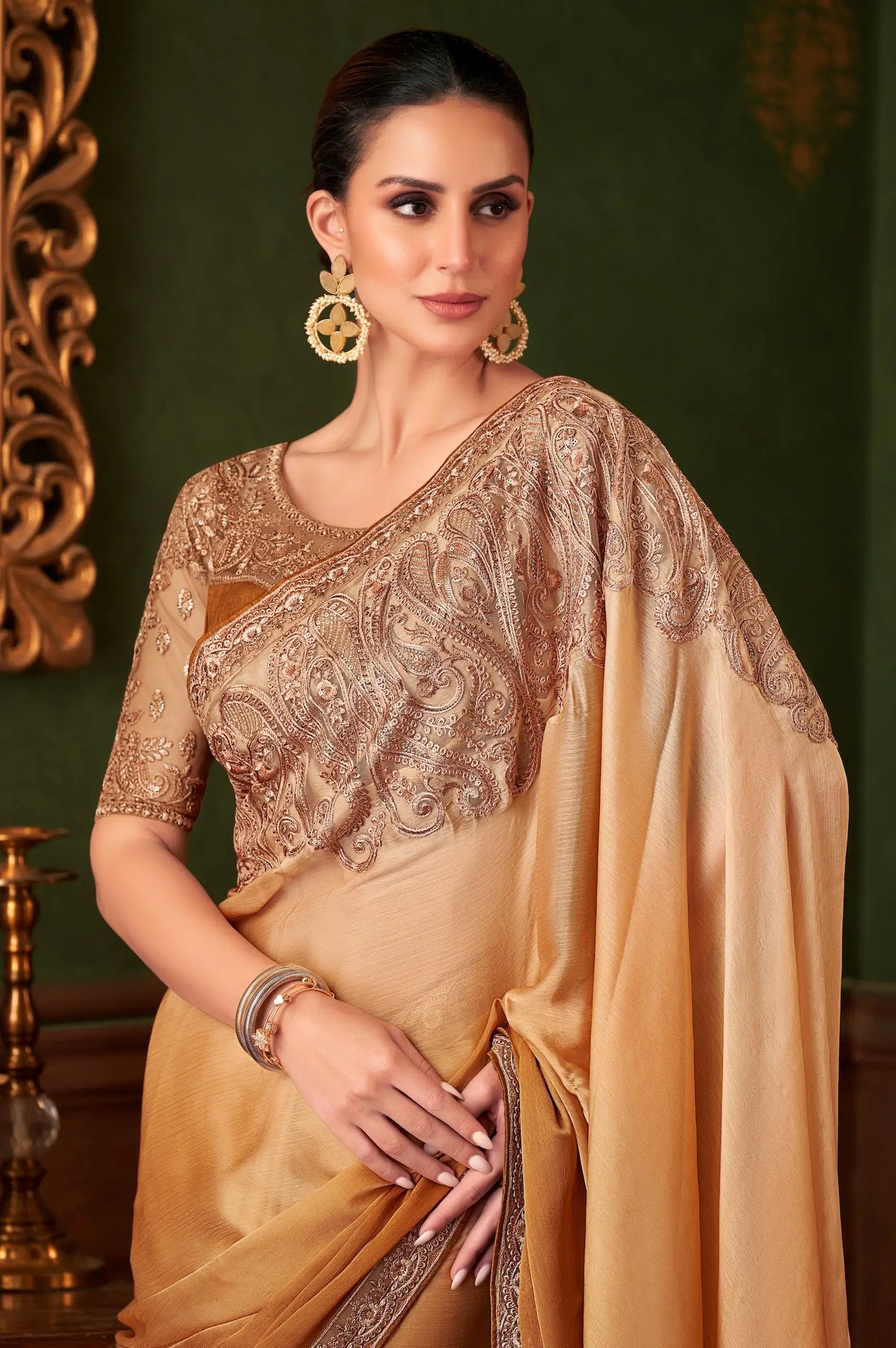 Golden Shaded Satin Chiffon Party Wear Saree With Thread & Sequence Embroidery Work