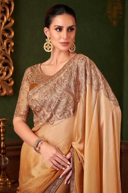Golden Shaded Satin Chiffon Party Wear Saree With Thread & Sequence Embroidery Work