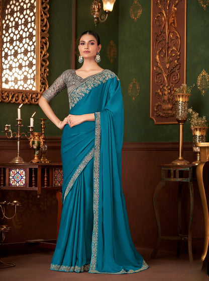 Teal Blue Chiffon Party Wear Saree With Thread & Sequence Embroidery Work