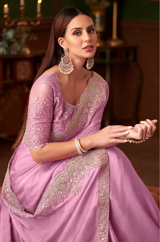 Pastel Pink Chiffon Party Wear Saree With Thread & Sequence Embroidery Work