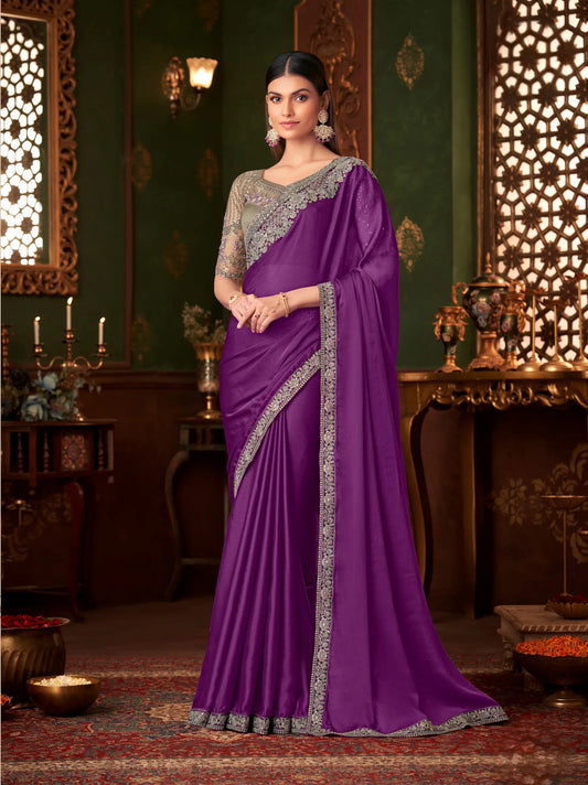 Dark Purple Chiffon Party Wear Saree With Thread & Sequence Embroidery Work
