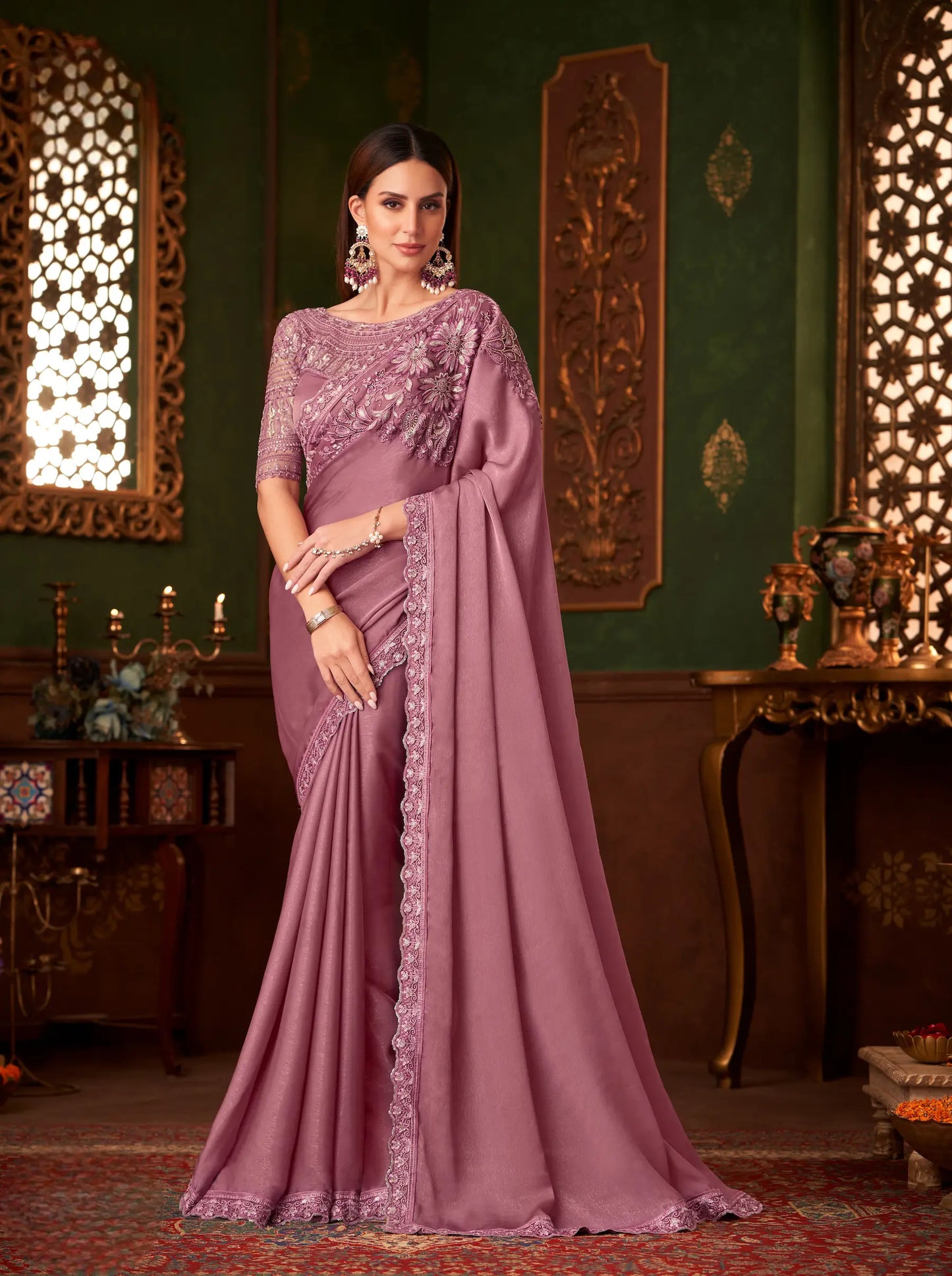 Dusty Pink Silk Georgette Party Wear Saree With Thread & Sequence Embroidery Work