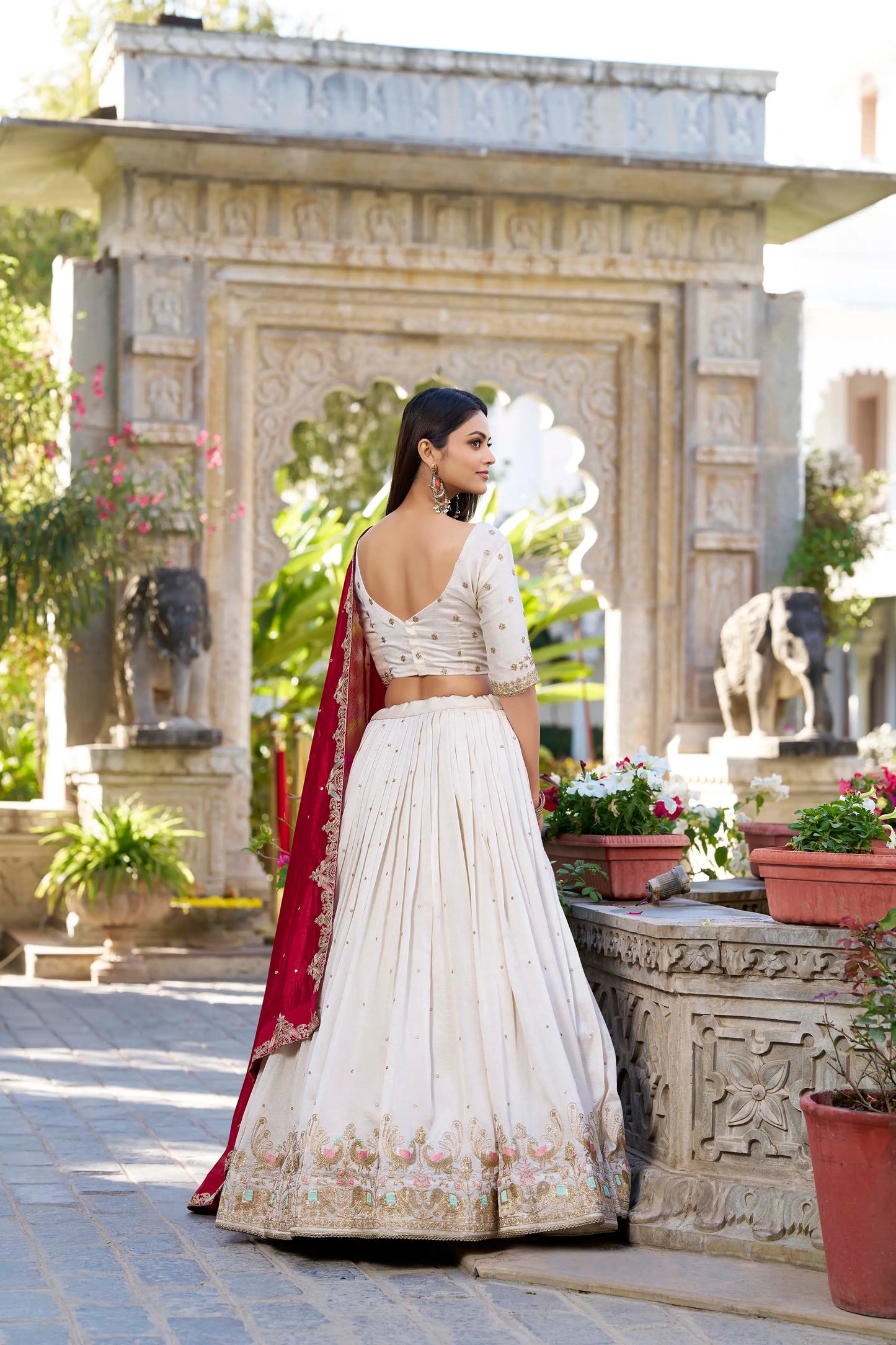 Off White Vichitra Silk Lehenga Choli Sequins and Thread Embroidery Work