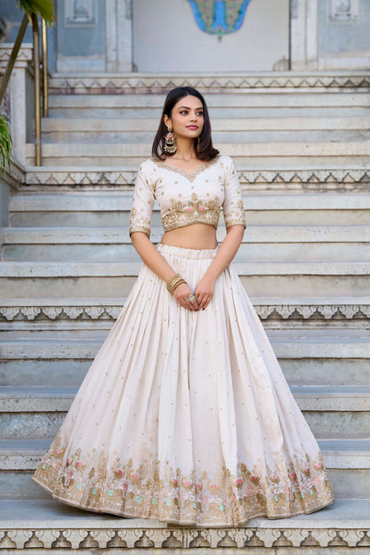 Off White Vichitra Silk Lehenga Choli Sequins and Thread Embroidery Work
