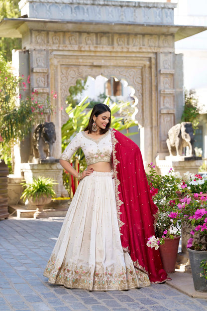 Off White Vichitra Silk Lehenga Choli Sequins and Thread Embroidery Work
