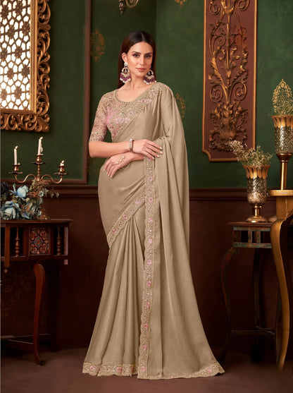 Dusty Beige Silk Georgette Party Wear Saree With Thread & Sequence Embroidery Work