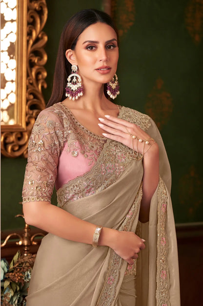 Dusty Beige Silk Georgette Party Wear Saree With Thread & Sequence Embroidery Work