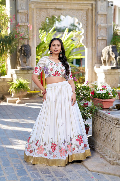 White Georgette Sequins and Thread Embroidery Work Lehenga Choli