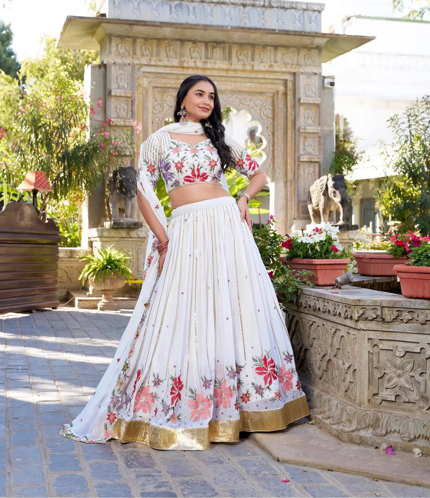 White Georgette Sequins and Thread Embroidery Work Lehenga Choli