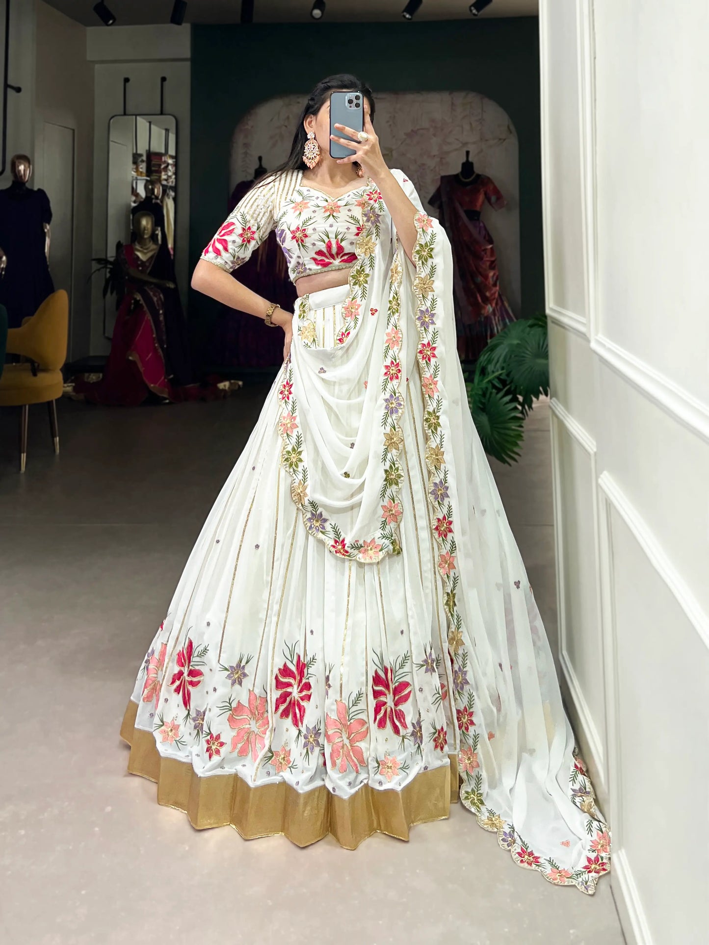 White Georgette Sequins and Thread Embroidery Work Lehenga Choli