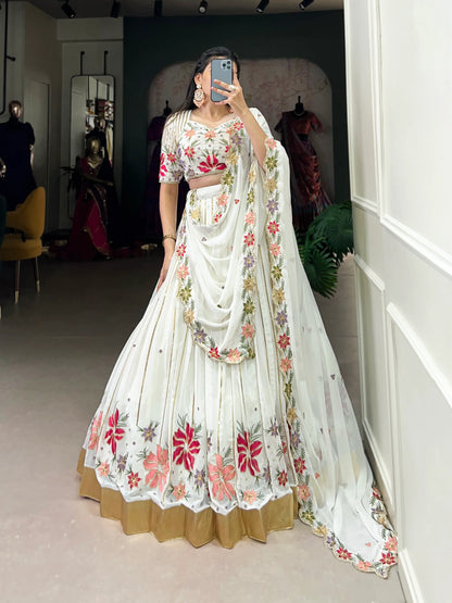 White Georgette Sequins and Thread Embroidery Work Lehenga Choli