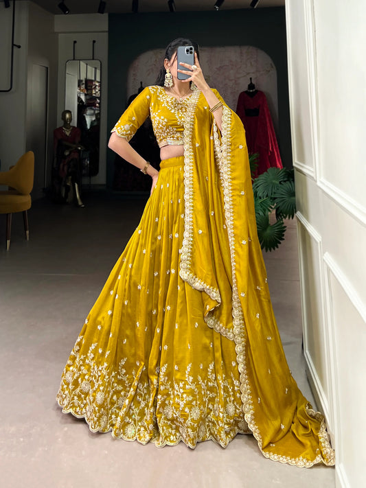Yellow Vichitra Silk Lehenga Choli With Sequins & Thread Embroidery Work