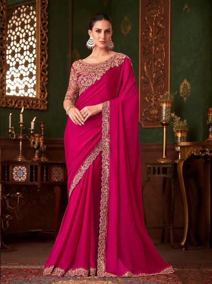 Red Satin Silk Party Wear Saree With Thread & Sequence Embroidery Work