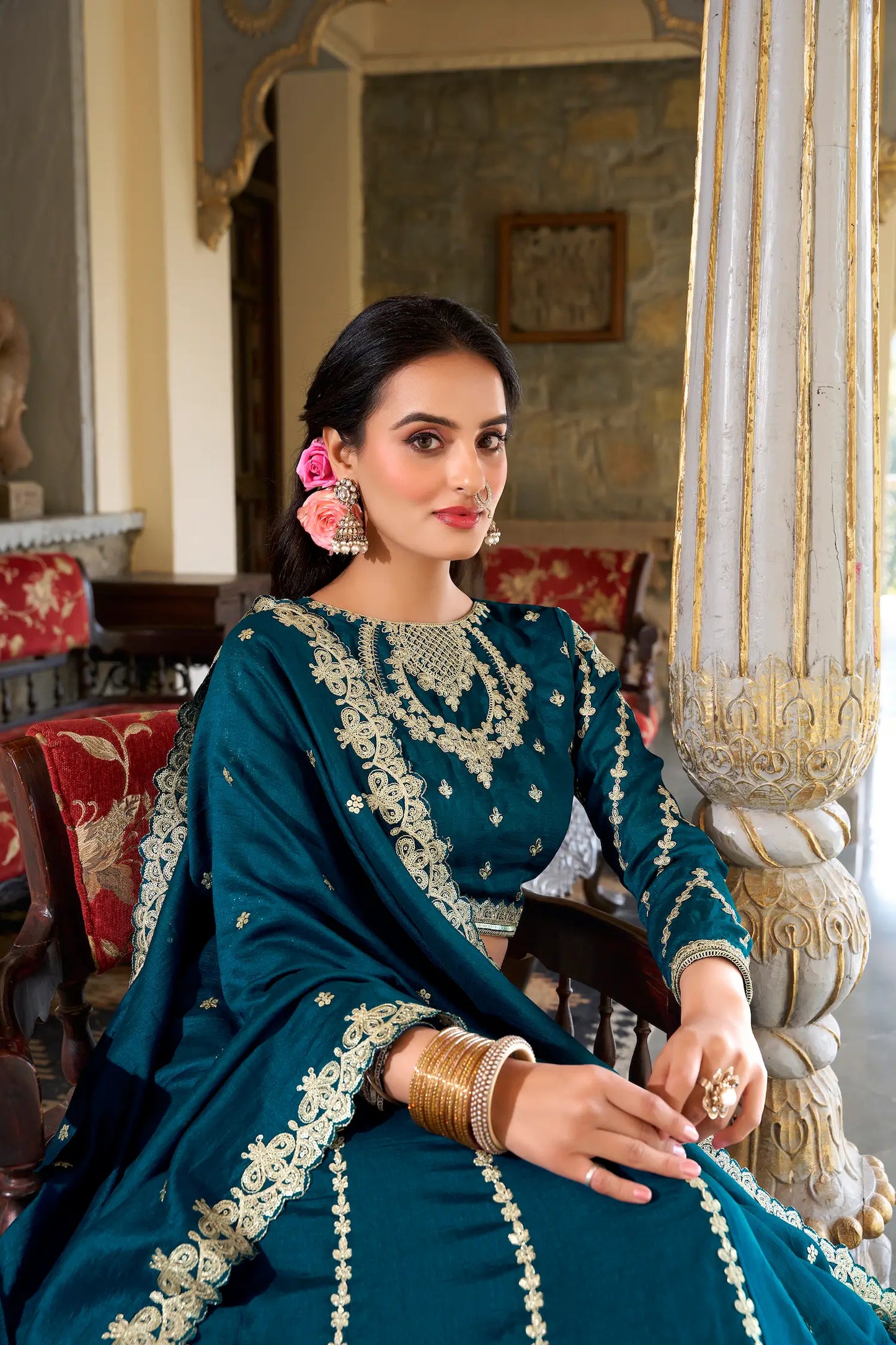 Teal Blue Vichitra Silk Lehenga Choli With Sequins and Thread Embroidery