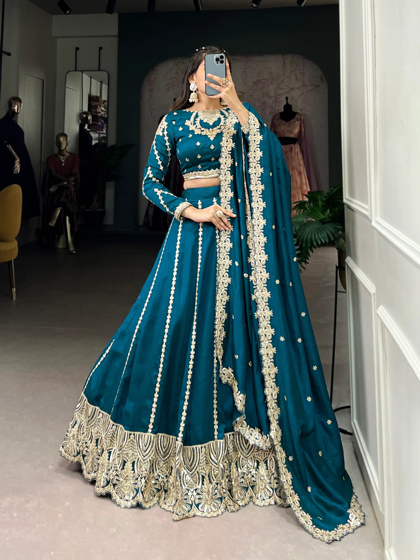 Teal Blue Vichitra Silk Lehenga Choli With Sequins and Thread Embroidery