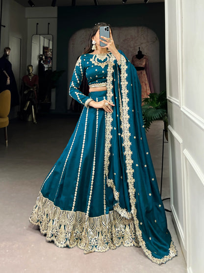 Teal Blue Vichitra Silk Lehenga Choli With Sequins and Thread Embroidery
