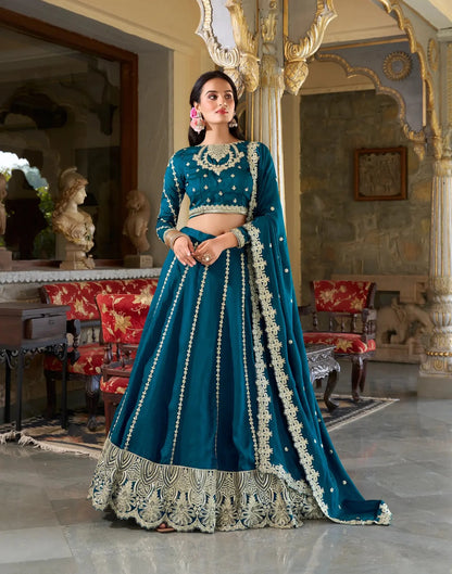 Teal Blue Vichitra Silk Lehenga Choli With Sequins and Thread Embroidery