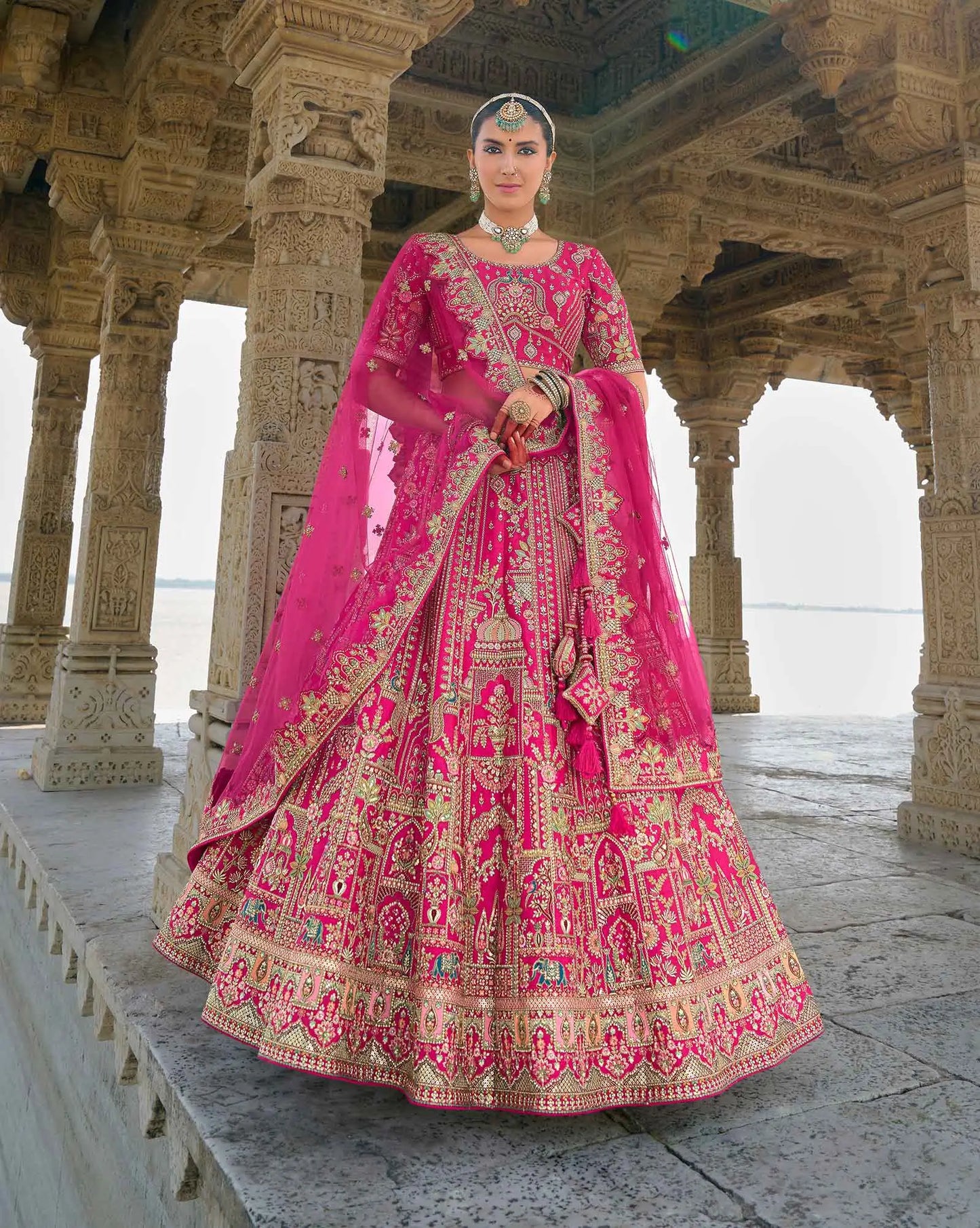 Pink Designer Bridal Lehenga With Heavy Embroidery & 2 Dupatta