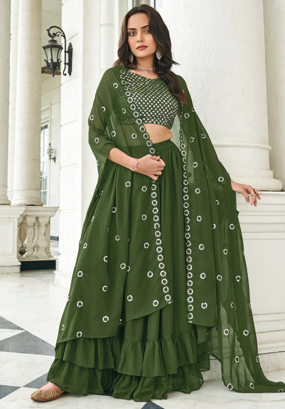 Olive Green Georgette Thread & Sequence Embroidery Work Indo Western Lehenga Choli
