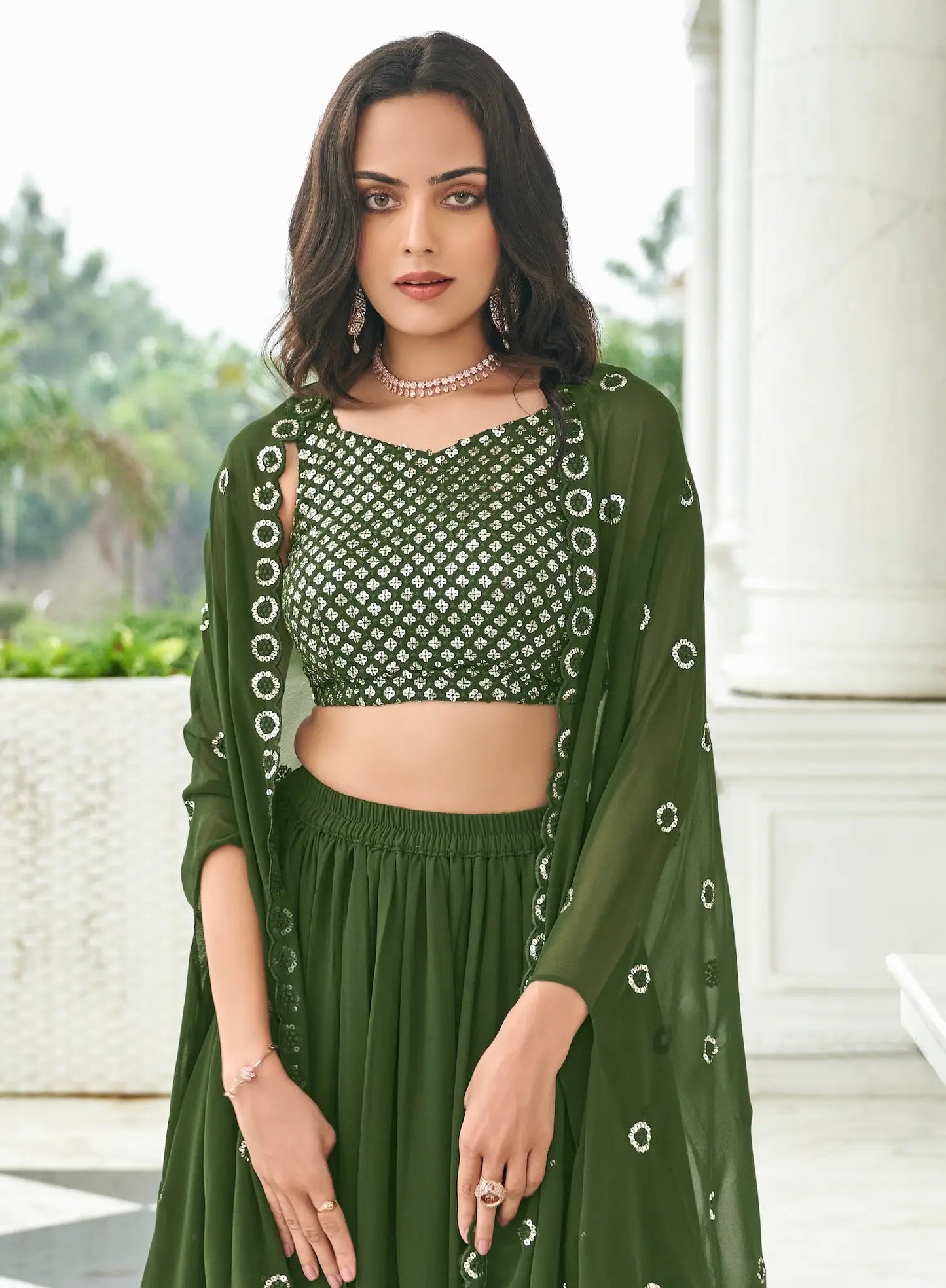 Olive Green Georgette Thread & Sequence Embroidery Work Indo Western Lehenga Choli