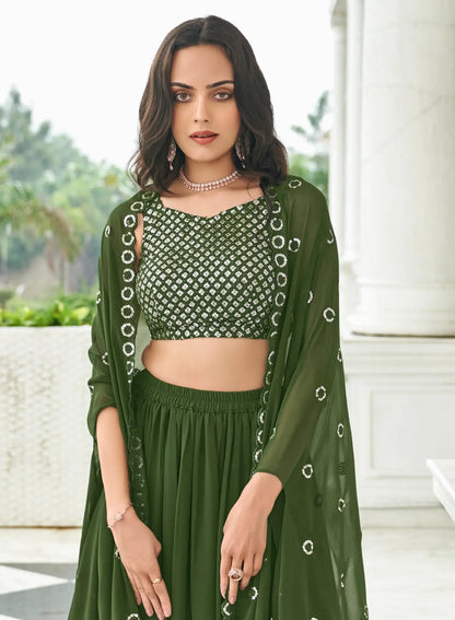Olive Green Georgette Thread & Sequence Embroidery Work Indo Western Lehenga Choli