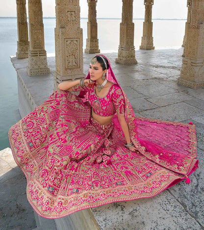 Pink Designer Bridal Lehenga With Heavy Embroidery & 2 Dupatta