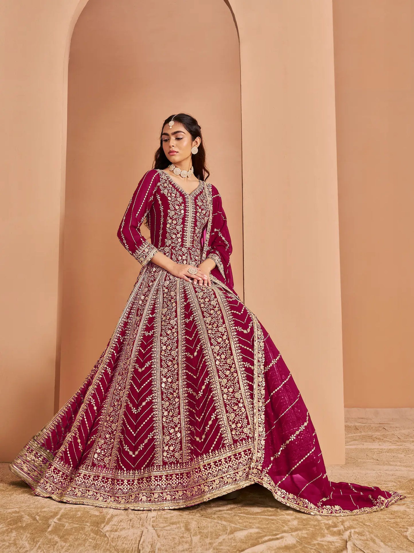 Dark Pink Georgette Gown With Sequence & Thread Embroidery Work