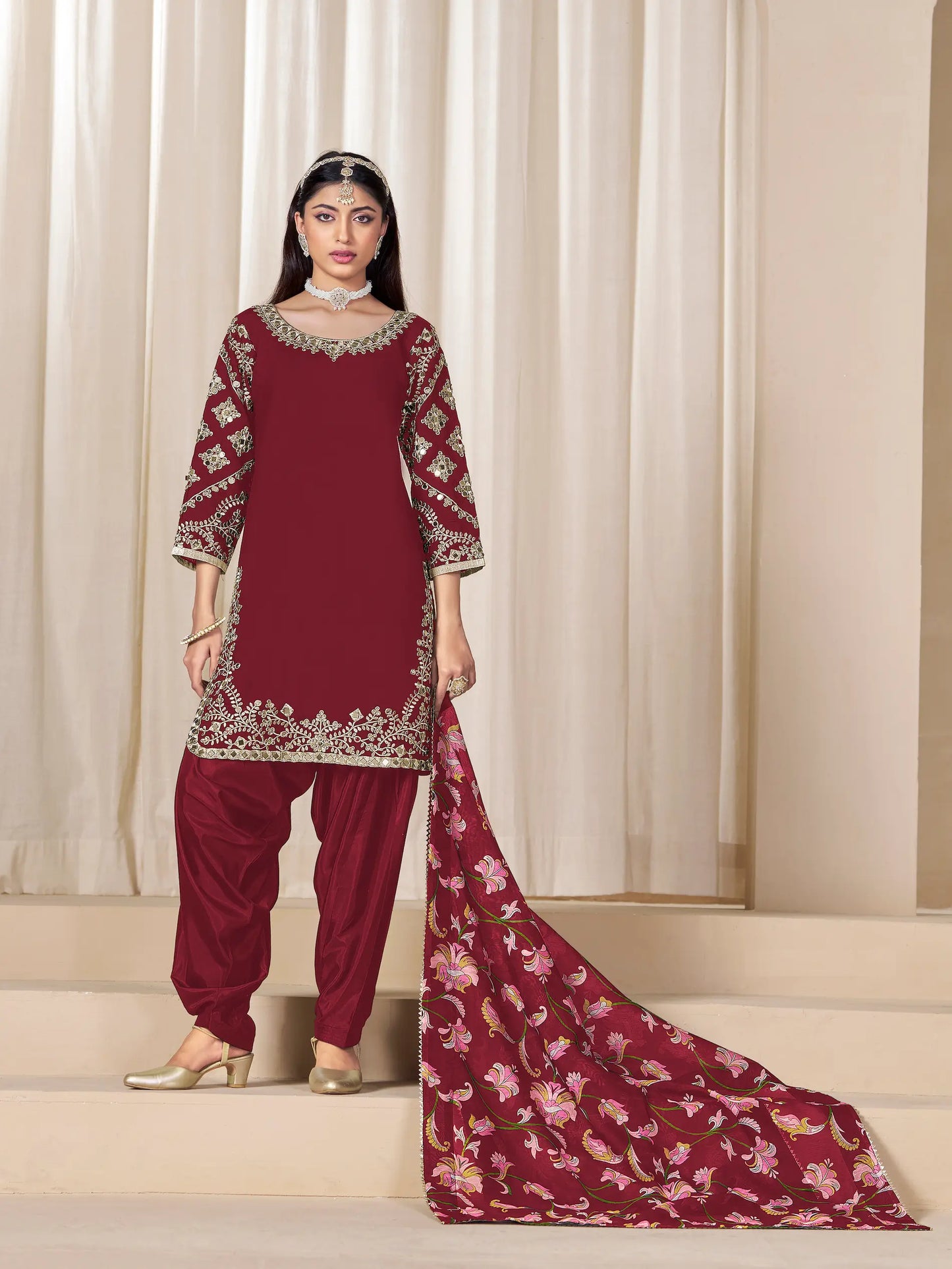 Dark Red Roman Silk Embroidery Work Salwar Suit
