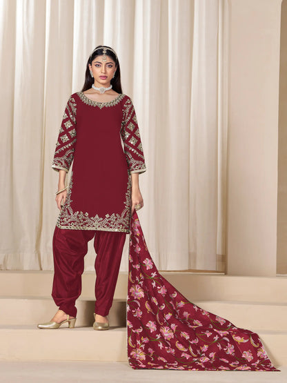 Dark Red Roman Silk Embroidery Work Salwar Suit