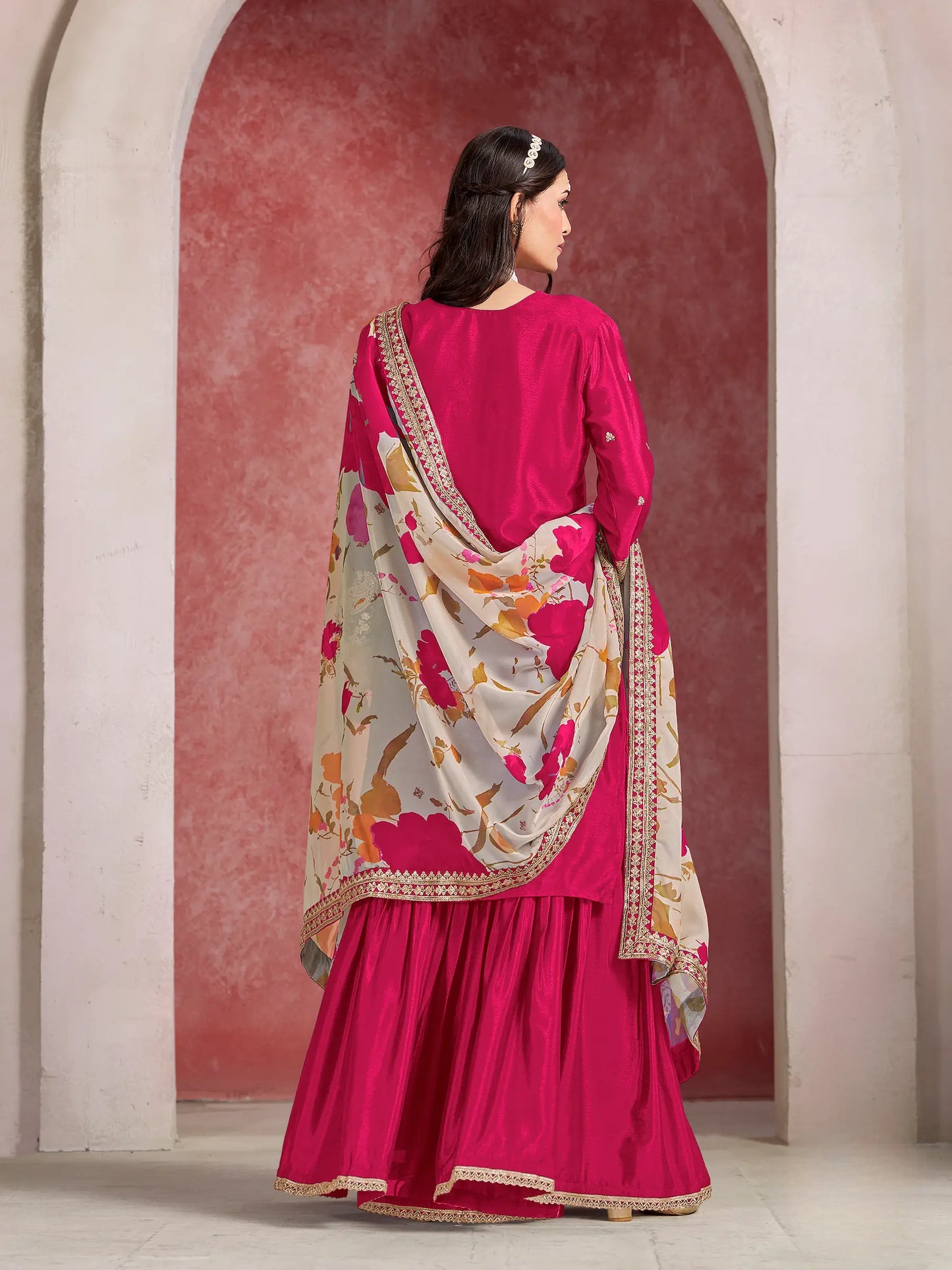 Hot Pink Chinon Embroidery Salwar suit With Organza Dupatta