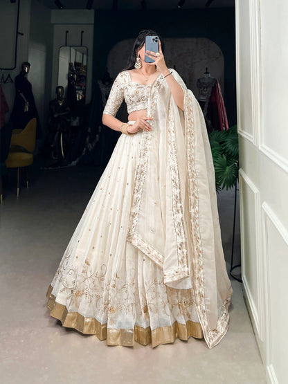 Off White Glossy Silk Lehenga Choli Sequins and Thread Embroidery Work With Foil Work