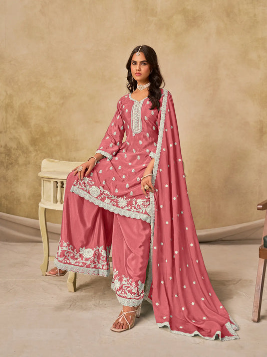 Peach Pink Chinon Embroidery Work Palazzo Suit