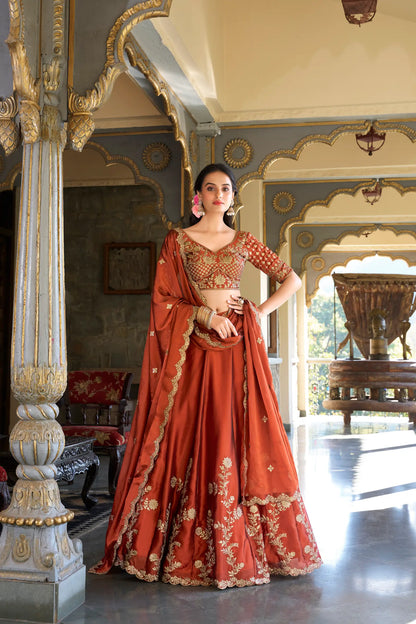 Rust Orange Rangoli Silk Lehenga Choli With Sequins and Thread Embroidery Work