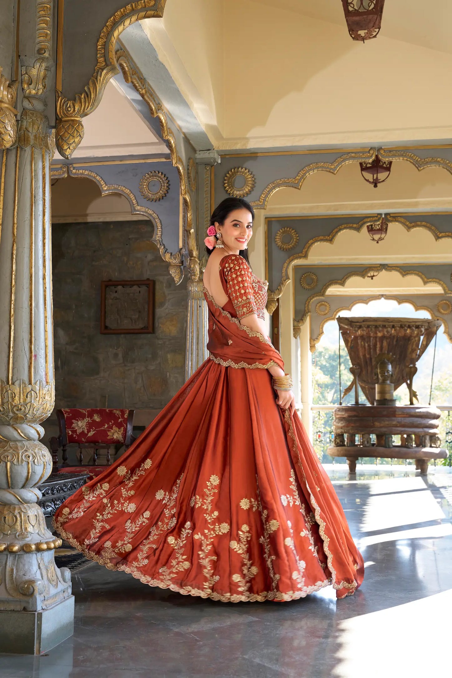 Rust Orange Rangoli Silk Lehenga Choli With Sequins and Thread Embroidery Work