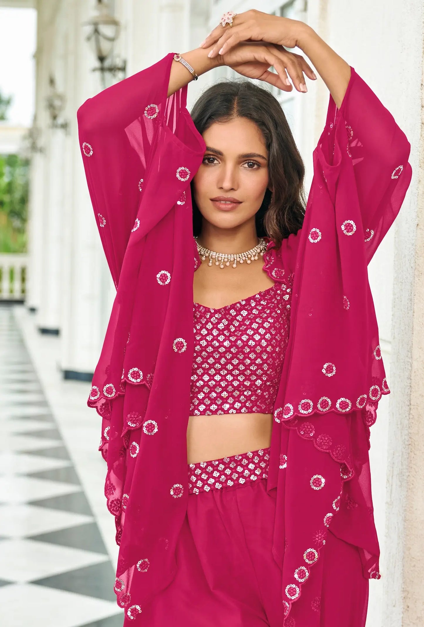 Deep Pink Georgette Thread & Sequence Embroidery Work Indo Western Lehenga Choli