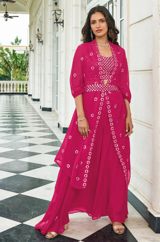 Deep Pink Georgette Thread & Sequence Embroidery Work Indo Western Lehenga Choli
