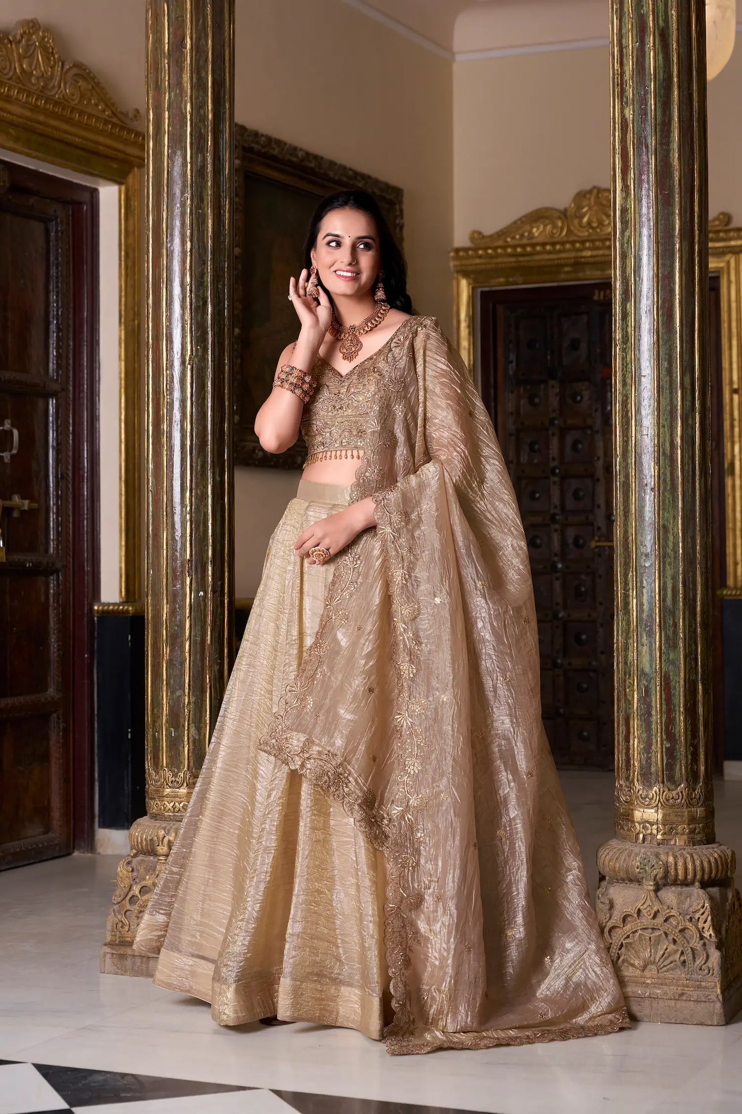 Dark Beige Crush Sequence & Thread Embroidery Lehenga Choli