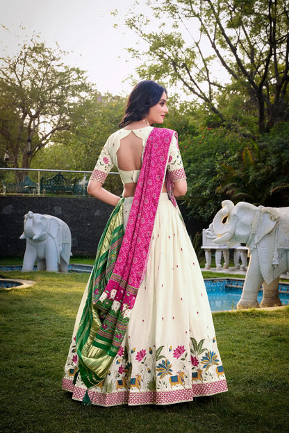 Off White Khadi Cotton Lehenga Choli With Hot Pink Gaji Silk Dupatta