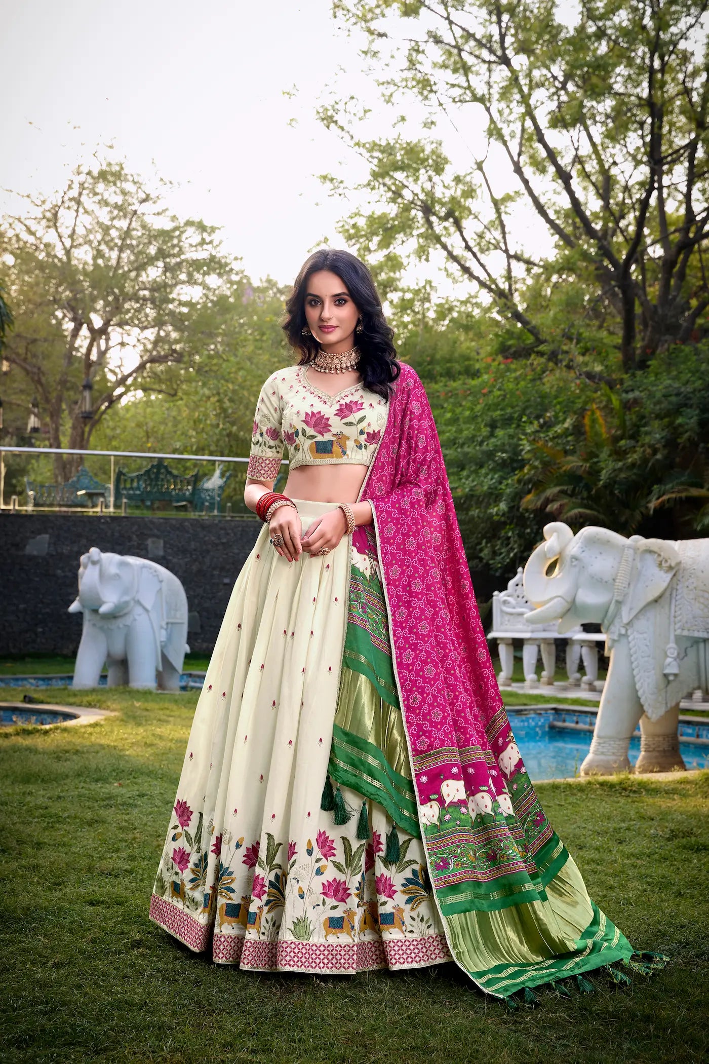 Off White Khadi Cotton Lehenga Choli With Hot Pink Gaji Silk Dupatta