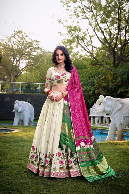 Off White Khadi Cotton Lehenga Choli With Hot Pink Gaji Silk Dupatta