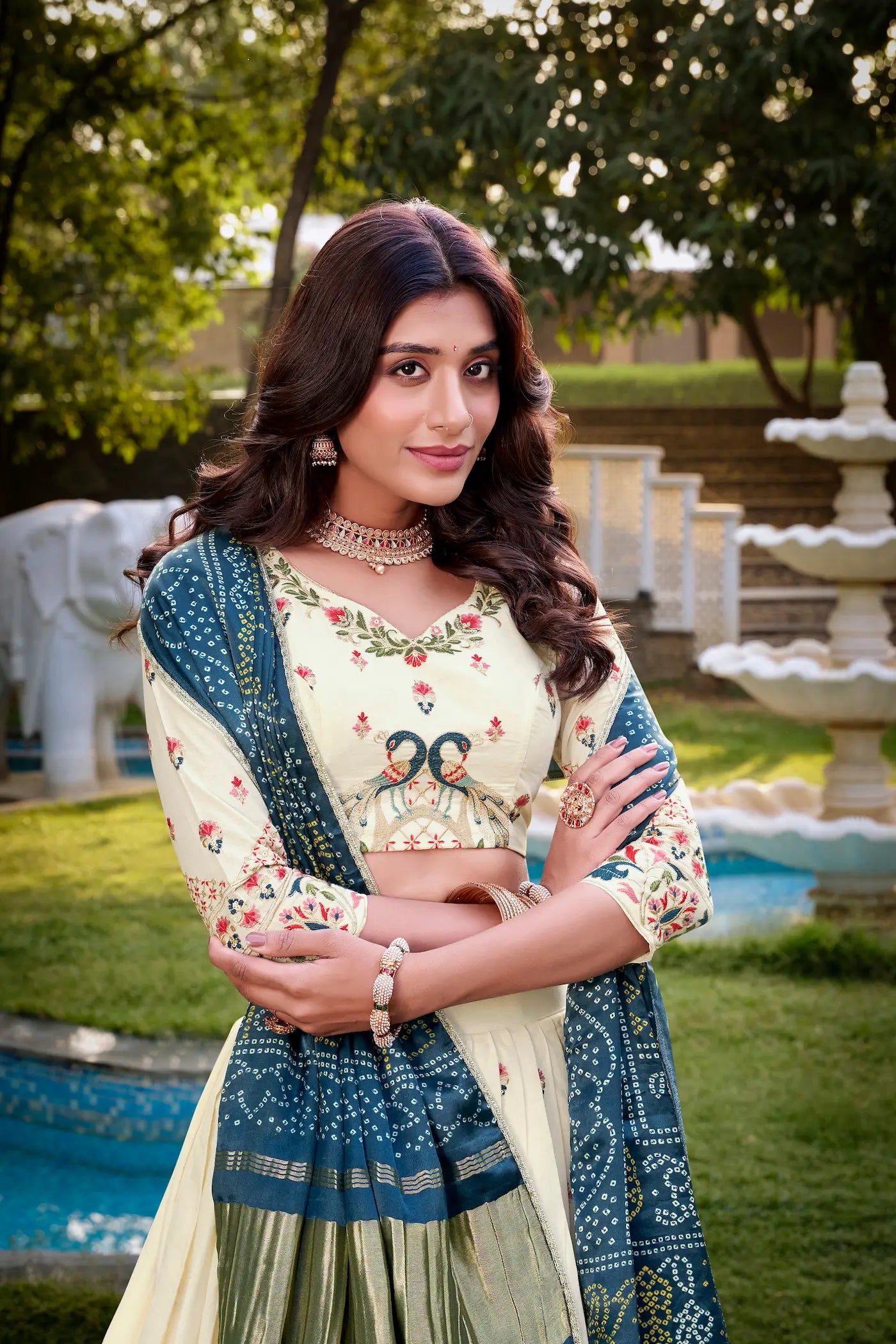 Off White Khadi Cotton Lehenga Choli With Navy Blue Gaji Silk Dupatta