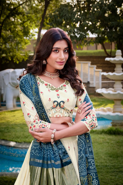 Off White Khadi Cotton Lehenga Choli With Navy Blue Gaji Silk Dupatta