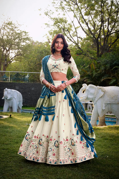 Off White Khadi Cotton Lehenga Choli With Navy Blue Gaji Silk Dupatta