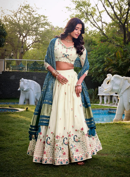 Off White Khadi Cotton Lehenga Choli With Navy Blue Gaji Silk Dupatta