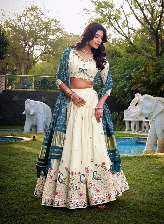 Off White Khadi Cotton Lehenga Choli With Navy Blue Gaji Silk Dupatta