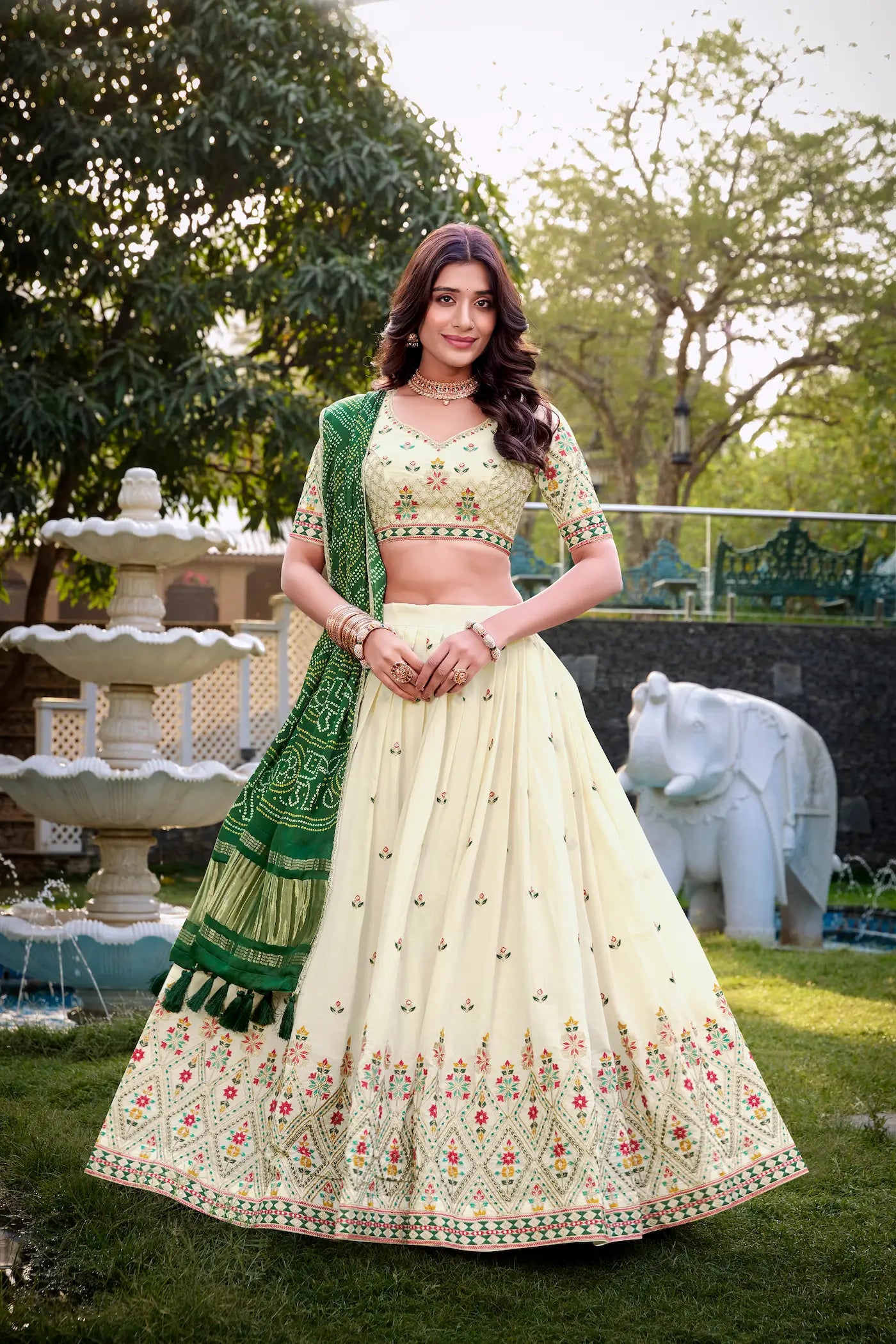 Off White Khadi Cotton Lehenga Choli With Green Gaji Silk Dupatta