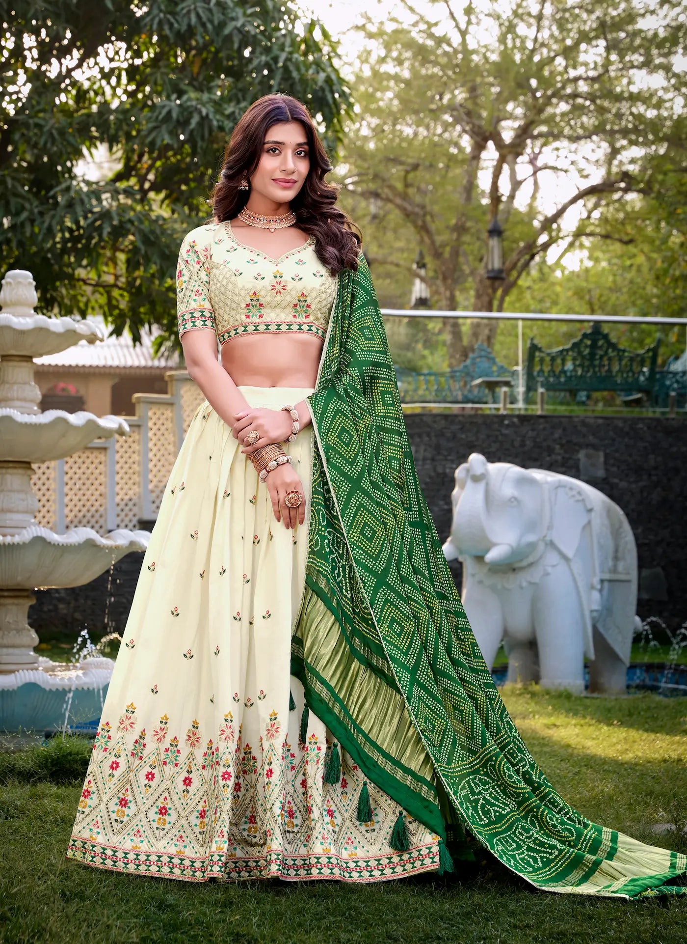 Off White Khadi Cotton Lehenga Choli With Green Gaji Silk Dupatta